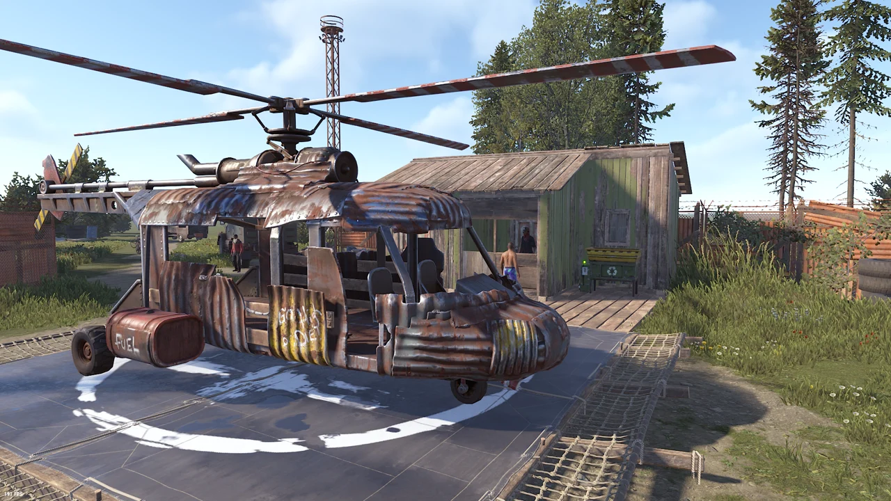 The Airwolf Camp custom Rust prefab seen from ground level