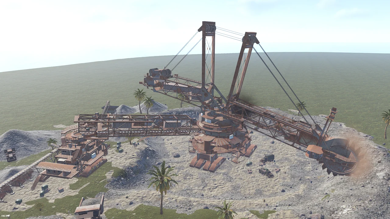 The same excavator with its arm back over the pit after the excavator arm fix plugin