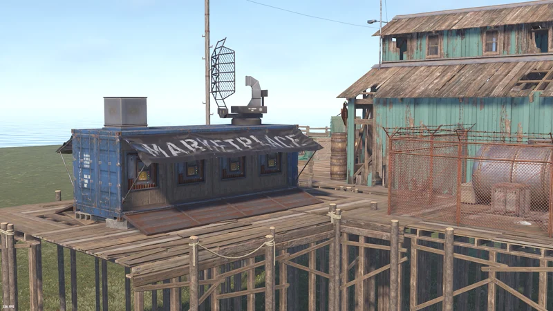 The Fishing Village Marketplace custom Rust prefab from above, a drone marketplace on wooden decking